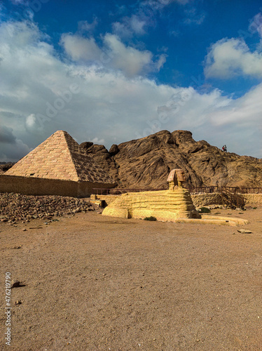 Pyramids in Egypt, ancient buildings and monuments. Statues in mini Cairo.