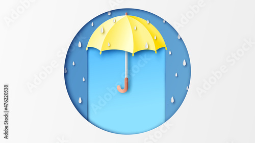 Paper art of Yellow umbrella  rain protection with rain drops in circle frame. Umbrella with rain. paper cut and craft style. vector, illustration.