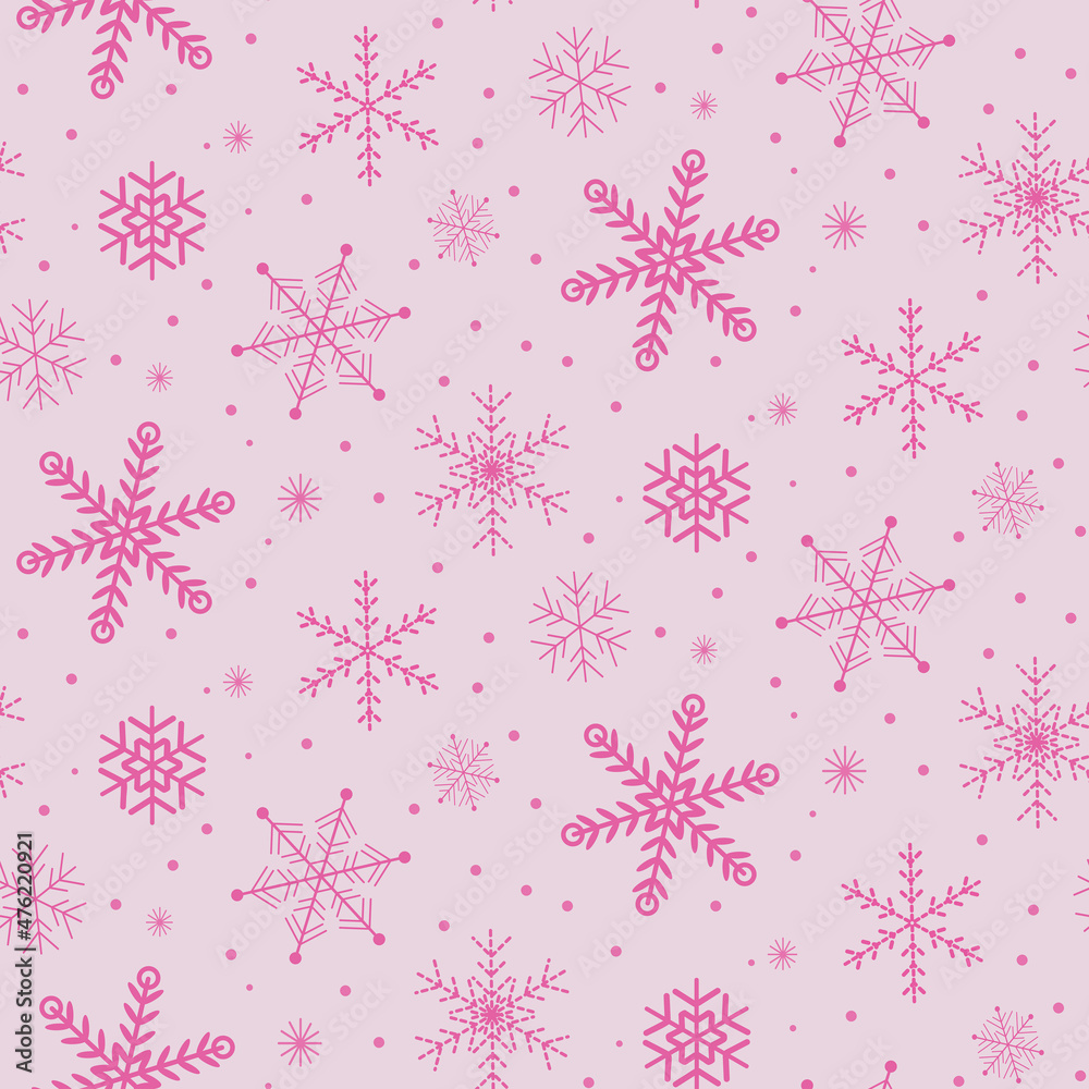 Plush pink snowflakes seamless pattern over light background . Great for Christmas greeting cards, Wallpaper , gift wrapping paper and Home décor 
