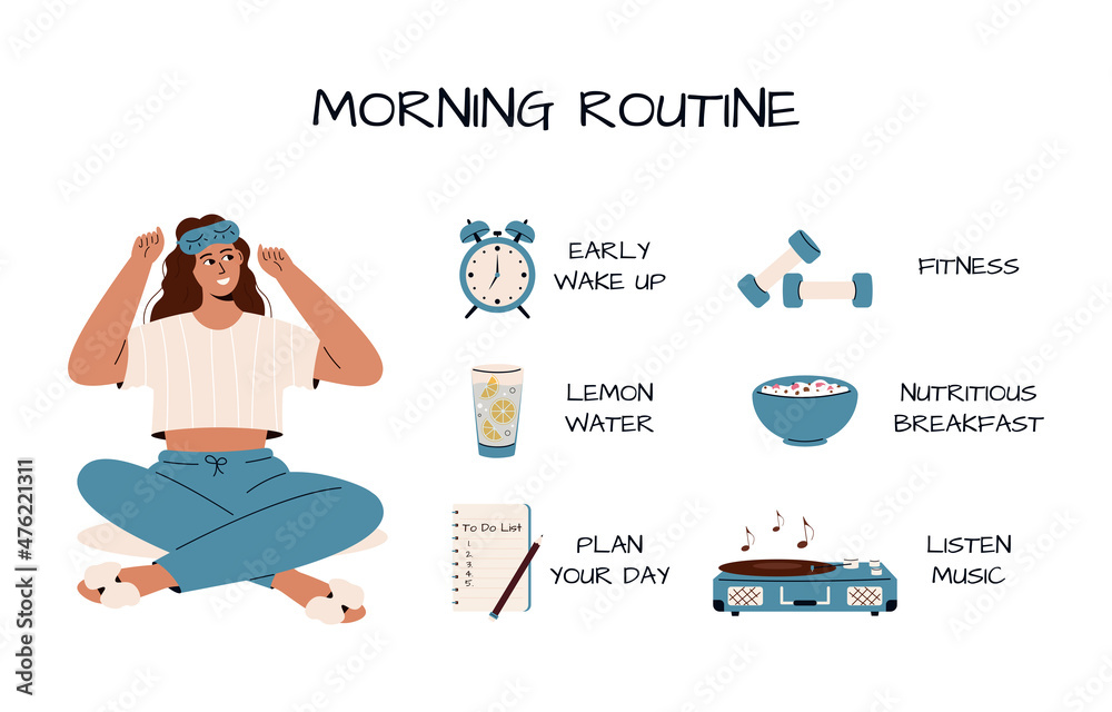 Cute caucasian woman with sleeping mask and elements for morning routine:lemon water,weights, muesli, alarm clock.Girl thinking about her day.Woman in cute pajama.Good morning.