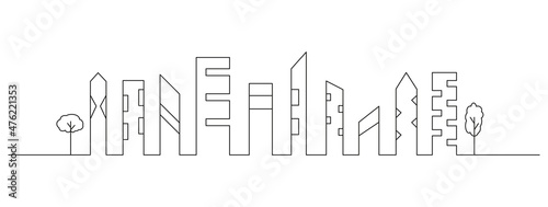 Monochrome horizontal urban landscape. Editable stroke. Cityscape with buildings drawn with contour lines on white background. Vector illustration