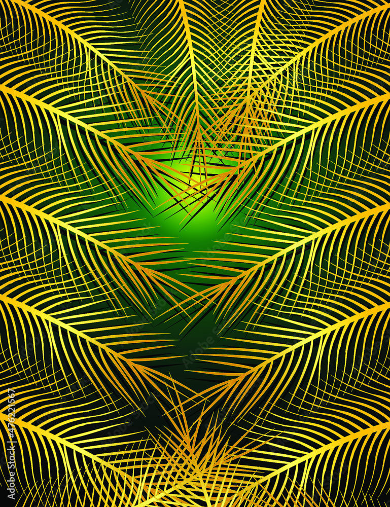 Background pattern vector of golden hanging, planted palms fronds and mountains on green and yellow color