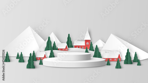 Winter Christmas with red village. Christmas mockup scene template. Merry Christmas and happy new year. paper cut and craft style. vector, illustration.