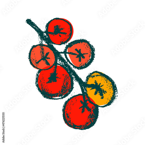 Hand-drawn Cherry tomato drawings. Natural tomatoes vector Illustration. Pastel drawing of red ripe tomato for seed label, packaging design catchup, banner organic agriculture, vegetarian food symbol