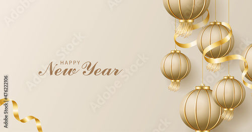 Chinese new year banner with lantern and ribbon on brown background. Vector illustration for banner, flyers, posters, greeting cards, invitation. 