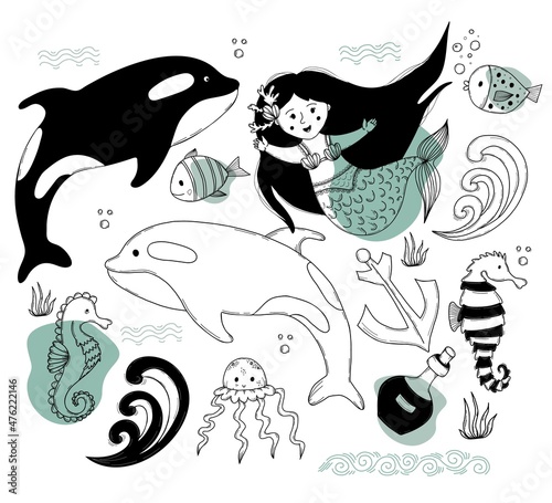 Set of mythical women and sea animals. Cute mermaid, whale and killer whale, fish, jellyfish, seahorse and wave. Vector isolated outline illustrations in style of linear doodles for design and photo