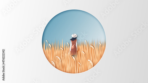 A girl walking on meadow in Autumn. Travel in Autumn. paper cut and craft style. vector, illustration.