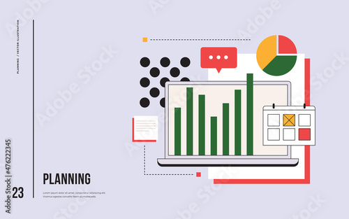 Planning concept. Pillars of the graph and chart icon on the background of an open laptop. Vector marketing illustration in flat style.