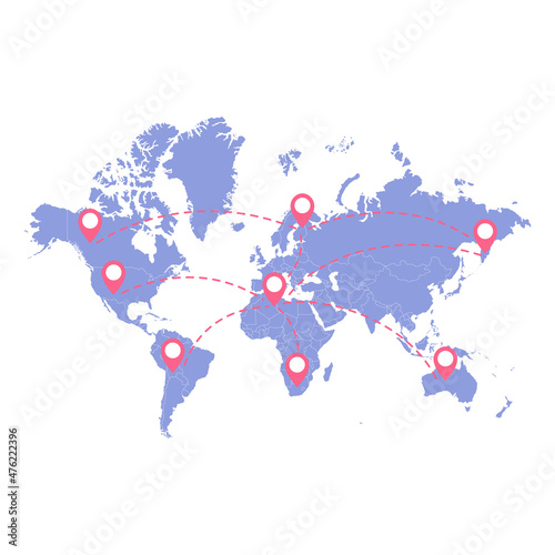 Travel world map with travel dotted lines. Vector.