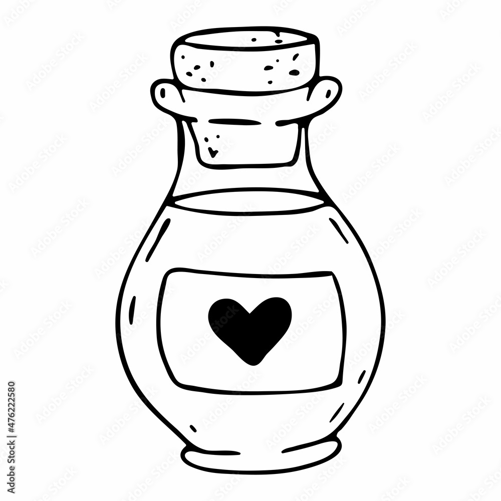 A love potion. Vector doodle illustration of a bottle with a love drink. Valentine's Day Icon. A love potion. Vector doodle illustration of a bottle with a love drink. Valentine's Day Icon.