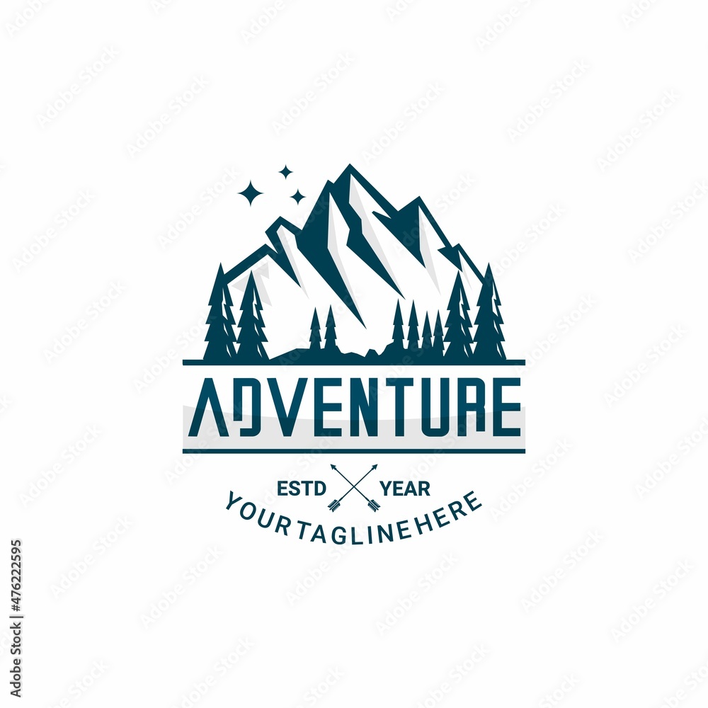 mountains and pine forest logo illustration vector	
