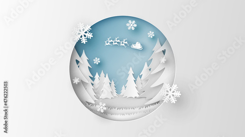 Winter landscape in Christmas with Santa Claus flying on the sky. Scenery of winter. Winter landscape. Merry Christmas. paper cut and craft style. vector, illustration.