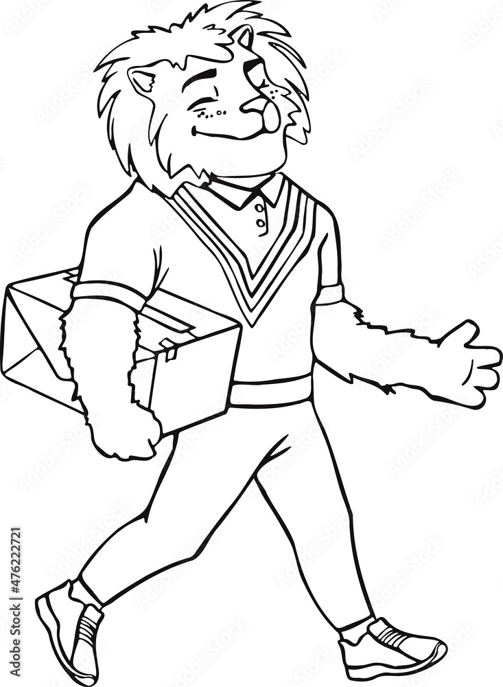 Fototapeta premium Lion delivery man emotions, symbol in cartoon style, cartoon ser