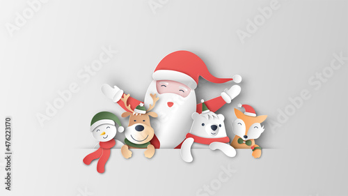 Santa Claus with snowman, reindeer, fox and polar bear are happy in Christmas. Merry Christmas. paper cut and craft design. vector, illustration.