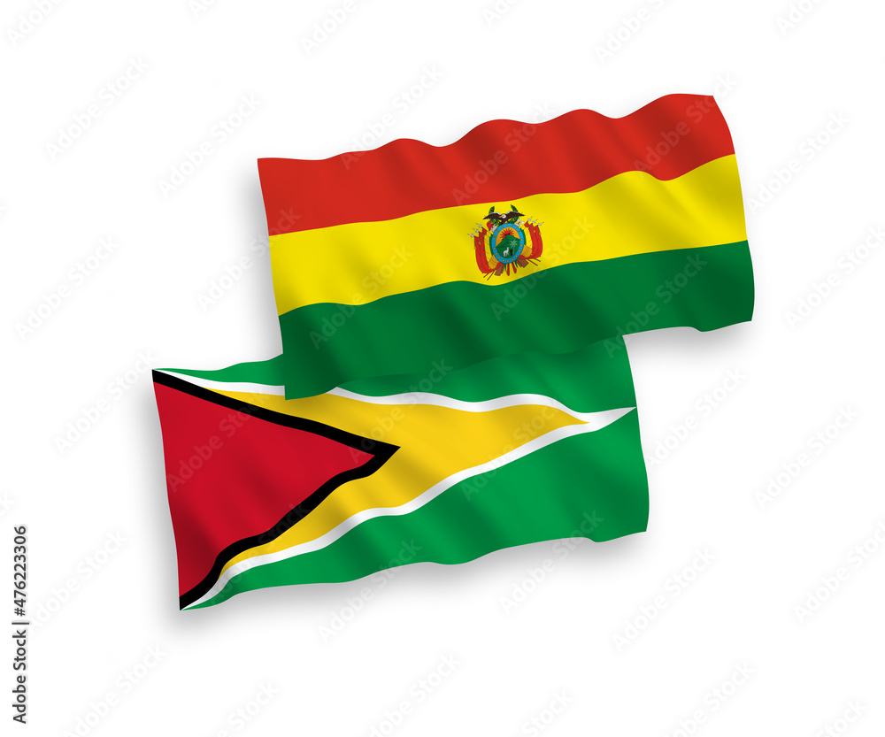 Obraz premium National vector fabric wave flags of Co-operative Republic of Guyana and Bolivia isolated on white background. 1 to 2 proportion.