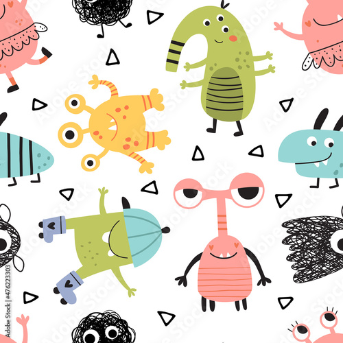 vector seamless pattern cute monsters on white