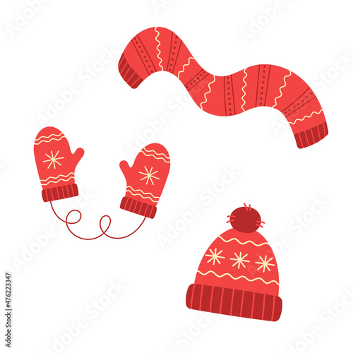 Red winter hat, mittens and scarf. Knit wool beanie with pompom. Doodle style. Isolated vector illustration
