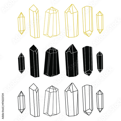 Crystal outline and negative style vector illustration minimalist icon set. Linear sign of treasure gem. Mineral  diamond  quartz simple icons isolated on white background.