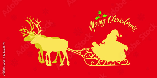 Merry Christmas Wishing Greeting Card Design on Red Background. Christmas Wishing Creative Template. Illustration of Santa Claus Riding Sleigh.