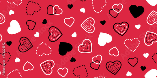 Vector seamless pattern with hearts on red background. Saint Valentine day symbols.