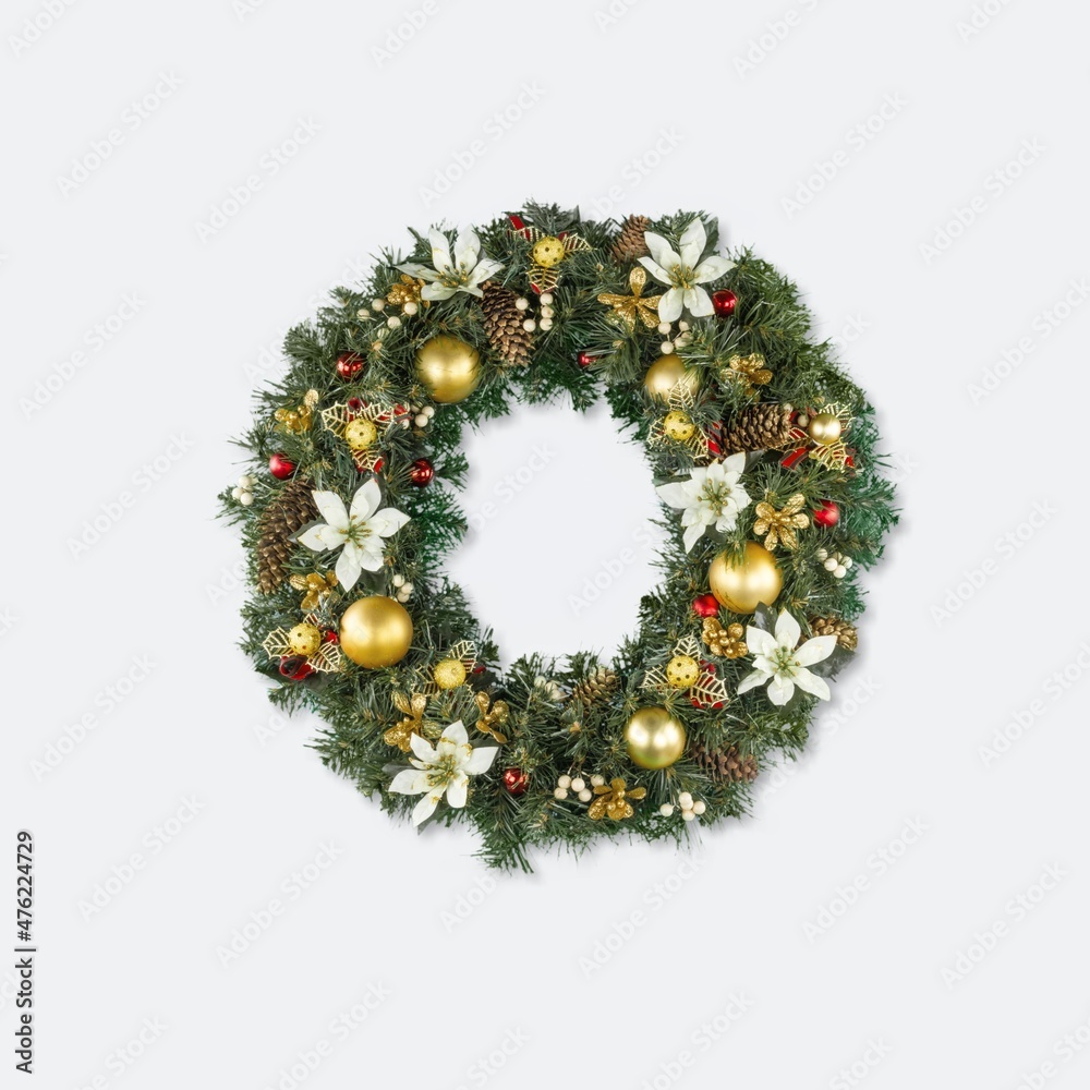 Winter wreath of pine needles decoration red and golden Christmas toys Winter wreath of pine needles decoration red and golden Christmas toys