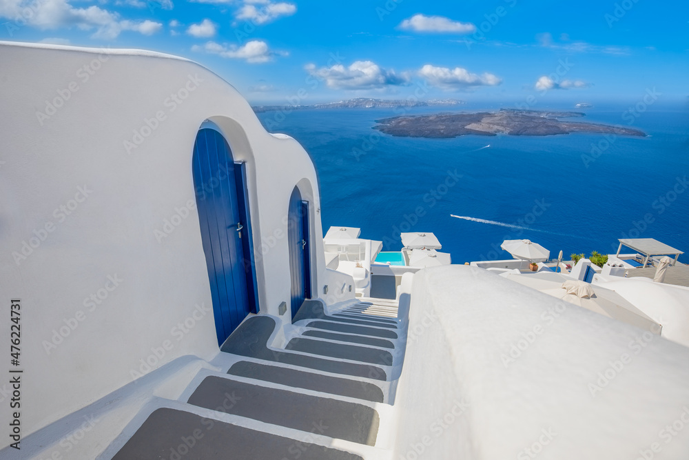 Fototapeta premium Amazing sunny day view of Fira, caldera, volcano of Santorini, Greece. Fantastic travel landscape, summer romantic couples vacation destination scenic. White architecture charming street view blue sky