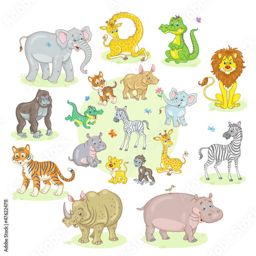 Guess where whose baby is. A group of funny african animals with their cubs. In cartoon style. Isolated on white background. Vector illustration