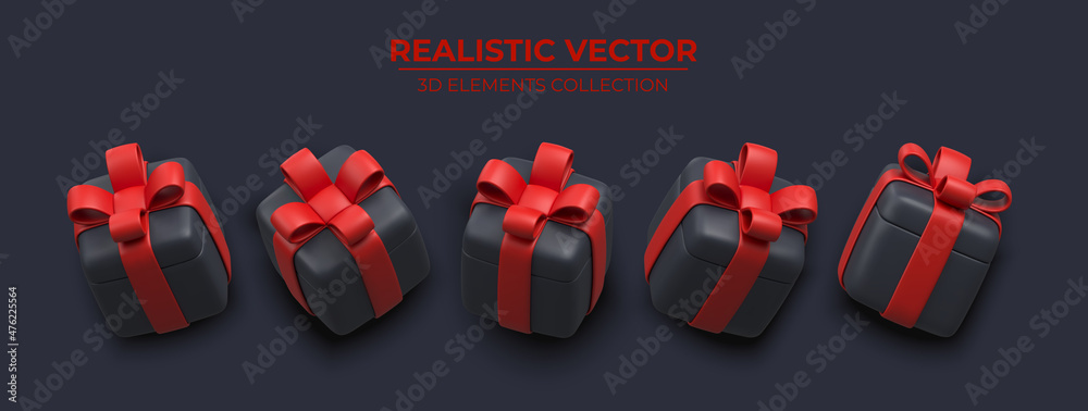 Naklejka premium Set of Realistic 3d gift box with golden ribbons isolated on a dark background 3d render flying modern holiday surprise box. Festive decorative 3d render object Realistic vector decor