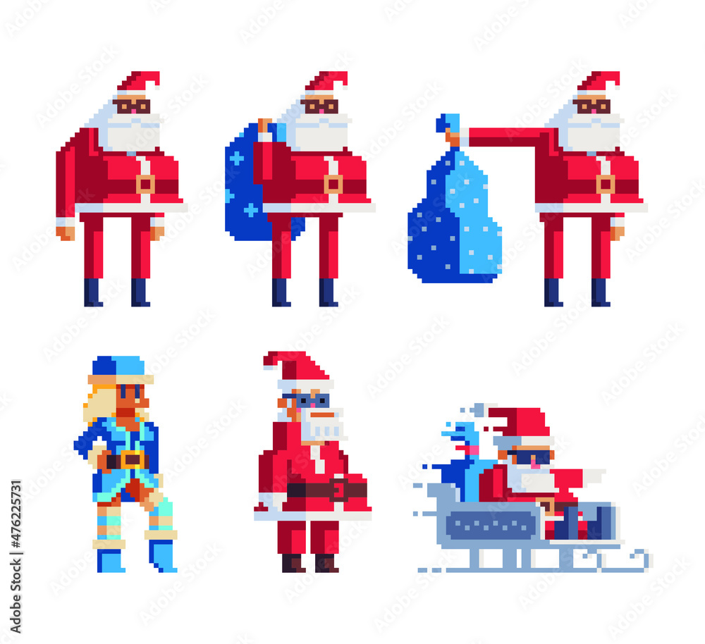 Santas characters set, snow maiden. Santa sleigh. Pixel art style icon. Greeting card design. Isolated vector illustration. Sticker design. Santas characters set, snow maiden. Santa sleigh. Pixel art style icon. Greeting card design. Isolated vector illustration. Sticker design.