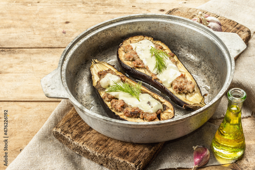 Stuffed eggplant ready to eat with ground meat, vegetables, and spices Stuffed eggplant ready to eat with ground meat, vegetables, and spices