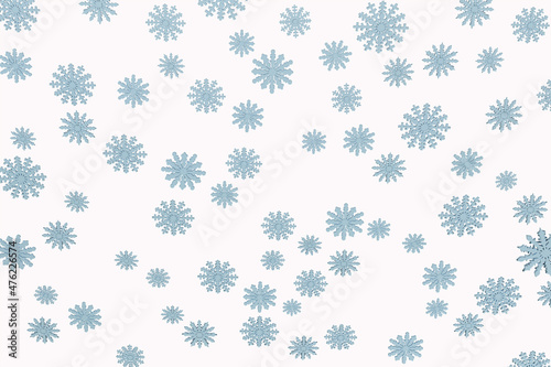 Three kinds of carved blue snowflakes randomly scattered on a white field, isolated 3D illustration. New Year's background work piece for the design of postcards, greetings.