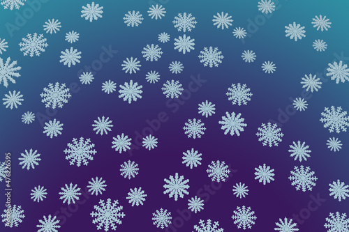 3D illustration, randomly flying geometrically regular blue snowflakes on a violet-blue gradient sky background. Festive New Year design backdrop.