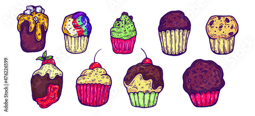 muffins and cupcakes hand drawn vector illustration collection. collection of different isolated desserts on white background for graphic design