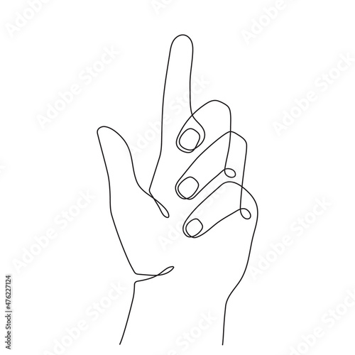Hand gesture, one line art, continuous contour drawing, hand-drawn. Direction sign, attention, pointing. Palm and wrist. Editable stroke.Isolated.Vector illustration