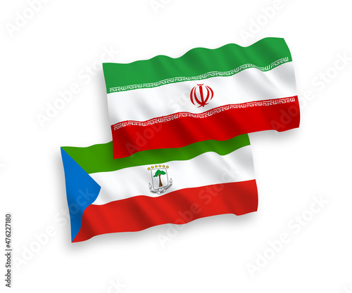 National vector fabric wave flags of Republic of Equatorial Guinea and Iran isolated on white background. 1 to 2 proportion.