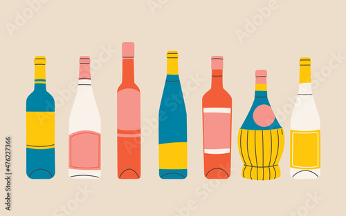 Set of vector flat bottles of wine. Labels without titles. Illustration for bar or restaurant menu design. Blue, yellow, red, white.