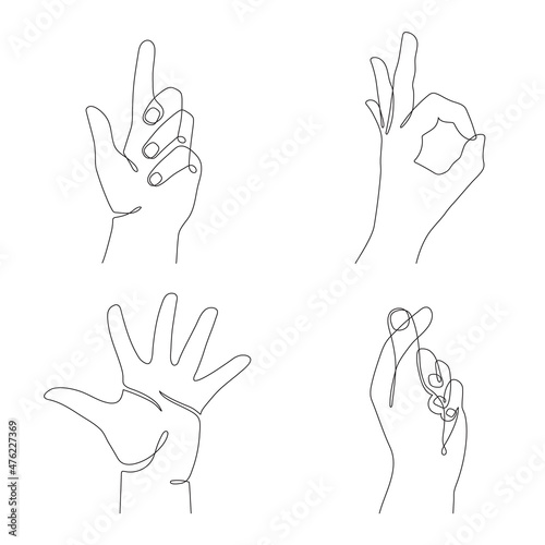 Hand gesture set, one line art, continuous contour drawing, hand-drawn. Five fingers, diraction, flick, ok sign.Palm and wrist, sign translation. Editable stroke.Isolated.Vector illustration