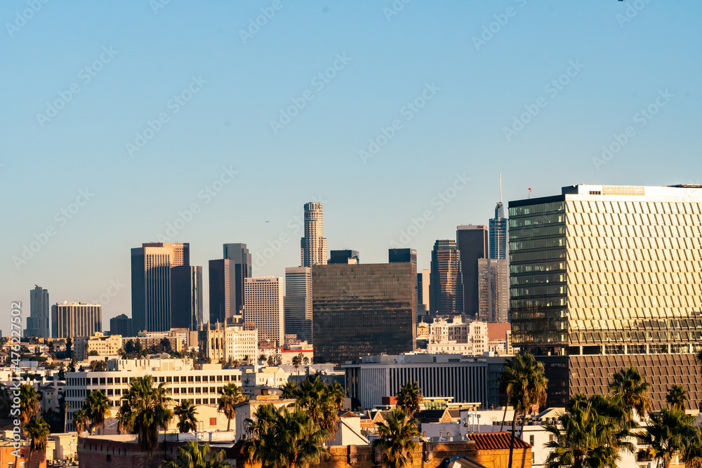 Rooftop view of downtown Los Angeles at golden hour