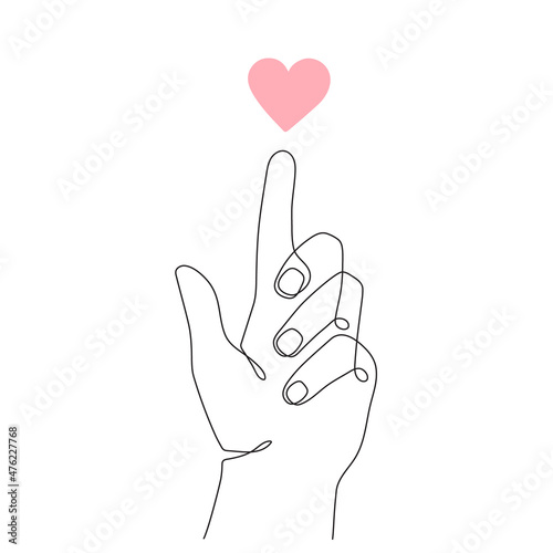 Hand with heart, one line art, continuous contour drawing, hand-drawn gesture, symbol of romantic love. Decoration for St. Valentine's Day, palm and wrist. Editable stroke.Isolated.Vector illustration
