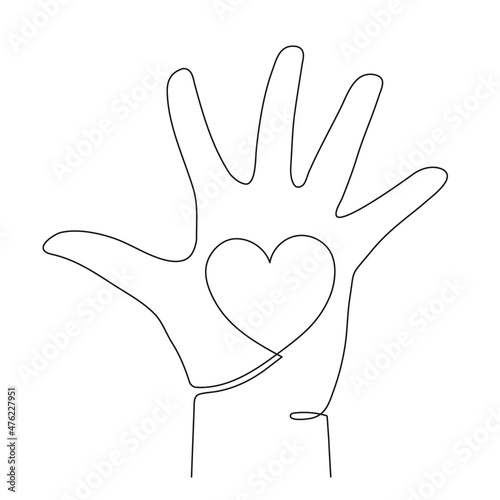 Hand with heart, one line art, continuous contour drawing, hand-drawn gesture, symbol of romantic love. Decoration for St. Valentine's Day, palm and wrist. Editable stroke.Isolated.Vector illustration