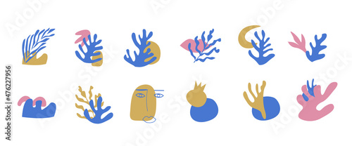 Vector composition with abstract shapes and blue algae. Matisse inspired design of corals or branches. Mid centure childish templates in flat style.