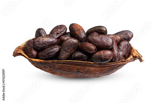 Cocoa fruit open pod with cocoa seeds isolated on white background.