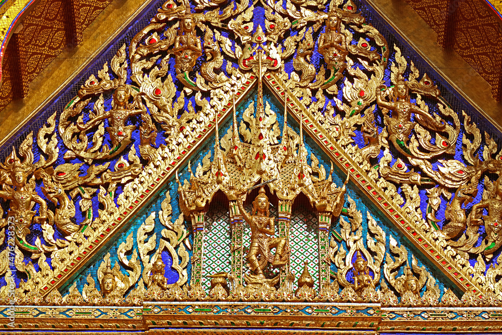 Incredible Detail of Ordination Hall Pediment of The Temple of Dawn or Wat Arun in Bangkok, Thailand