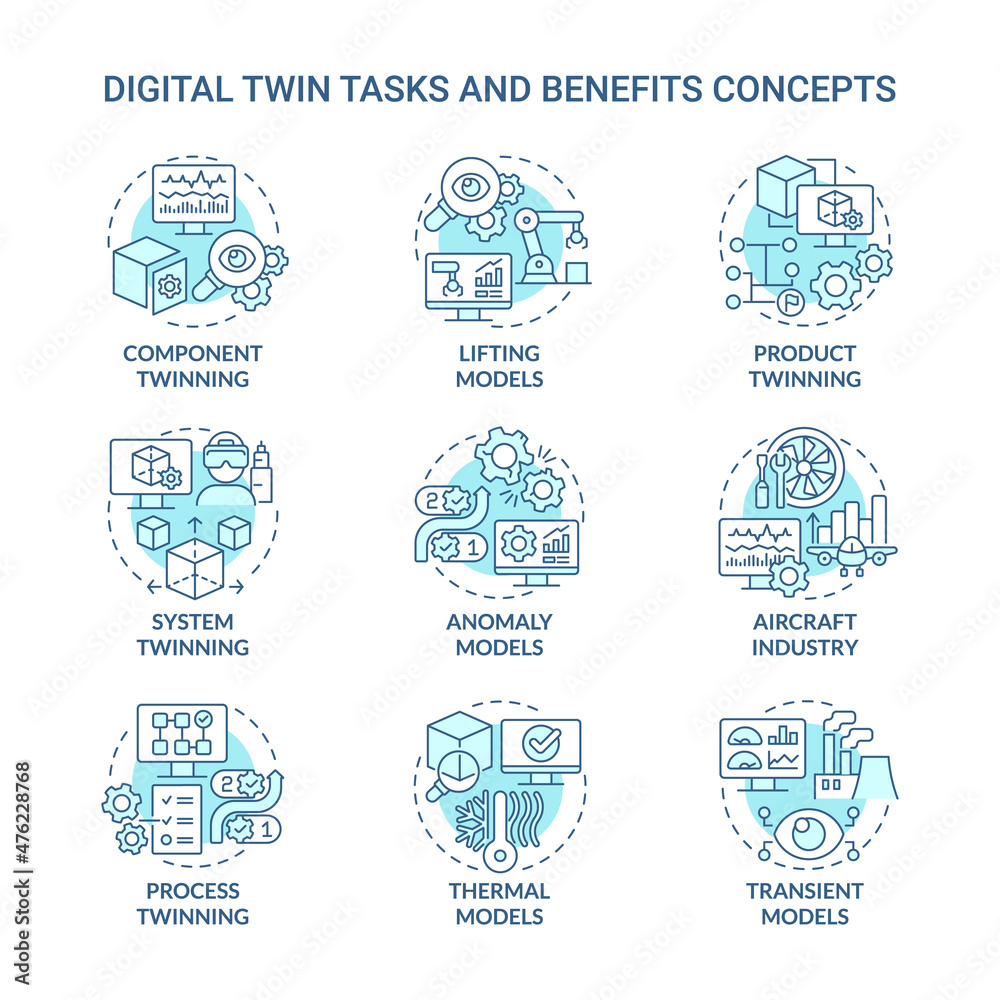 Digital twin tasks turquoise concept icons set. Aircraft industry idea thin line color illustrations. Isolated outline drawings. Editable stroke. Roboto-Medium, Myriad Pro-Bold fonts used