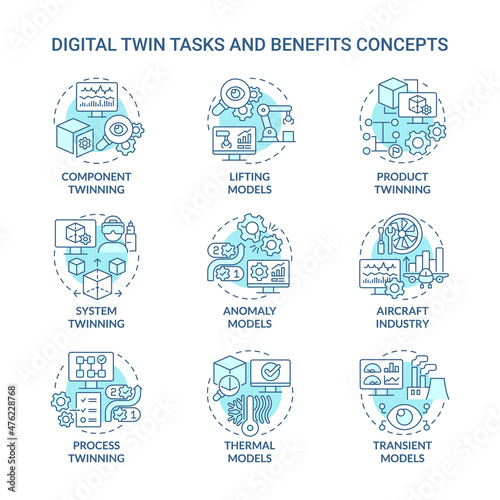 Digital twin tasks turquoise concept icons set. Aircraft industry idea thin line color illustrations. Isolated outline drawings. Editable stroke. Roboto-Medium, Myriad Pro-Bold fonts used