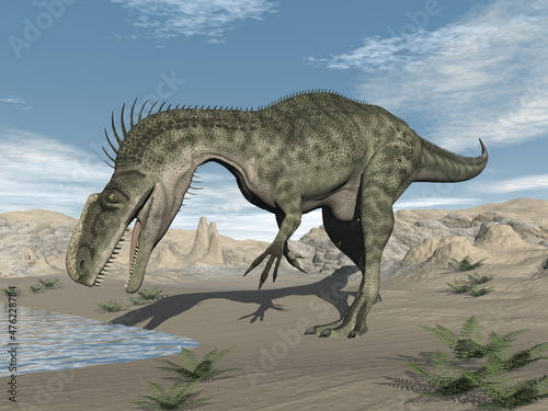 Fototapeta Naklejka Na Ścianę i Meble -  Monolophosaurus dinosaur in the desert - 3D render