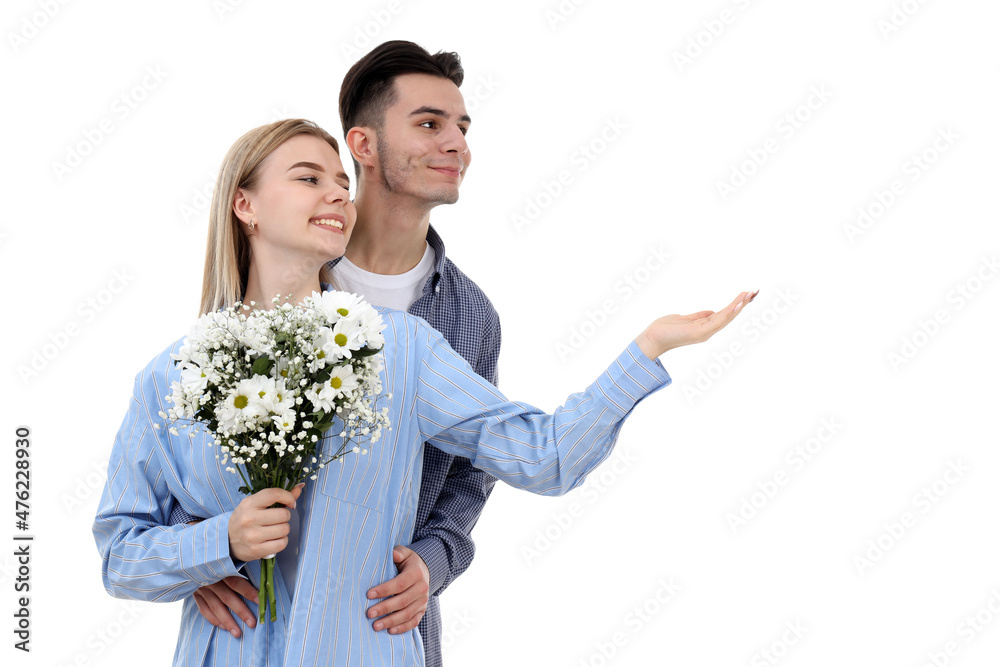 Cute couple with bouquet isolated on white background Cute couple with bouquet isolated on white background