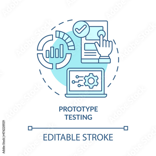 Prototype testing turquoise concept icon. Physical asset replica abstract idea thin line illustration. Isolated outline drawing. Editable stroke. Roboto-Medium, Myriad Pro-Bold fonts used