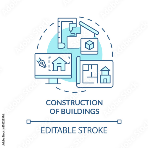 Buildings construction turquoise concept icon. Digital twin use case abstract idea thin line illustration. Isolated outline drawing. Editable stroke. Roboto-Medium, Myriad Pro-Bold fonts used