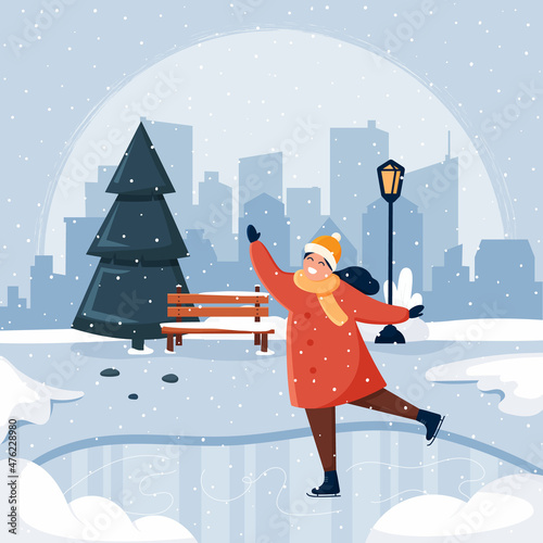 Happy cute girl ice skating in the city park. City landscape with spruce, bench, street lamp, ice rink. City in the background. Vector illustration in a flat style.